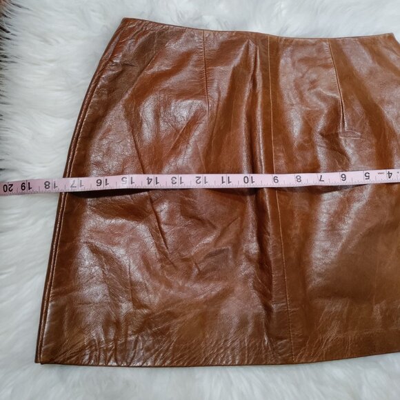 Hugo Buscati100% Leather Antique 70s Style Brown A-Line Wrap Mini Skirt Size 6 - Picture 14 of 16